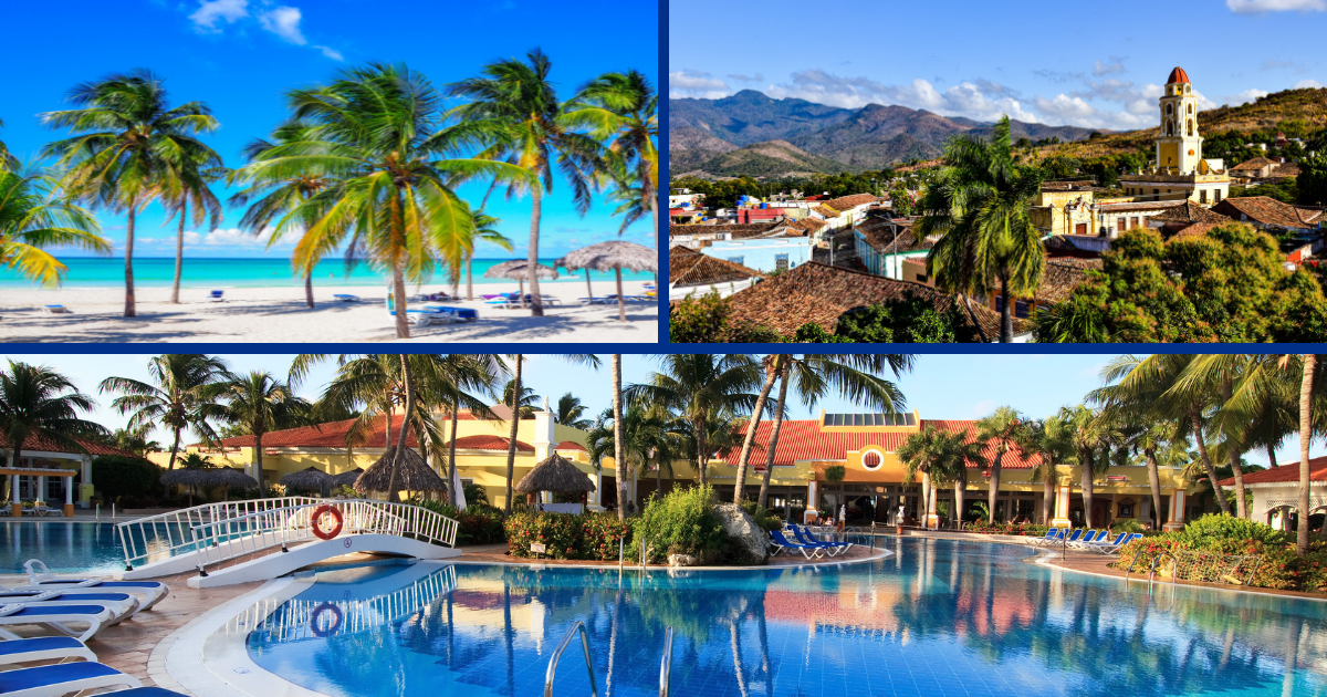 Collage de playas de hoteles en Cuba 2024, de Varadero, la ciudad de Trinidad y un hotel en Cayo Guillermo