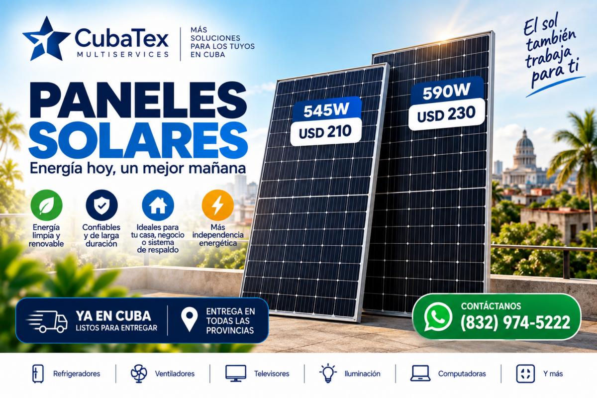 Paneles solares de 545W y 590W disponibles en Cuba con entrega en todas las provincias por CubaTex Multiservices.